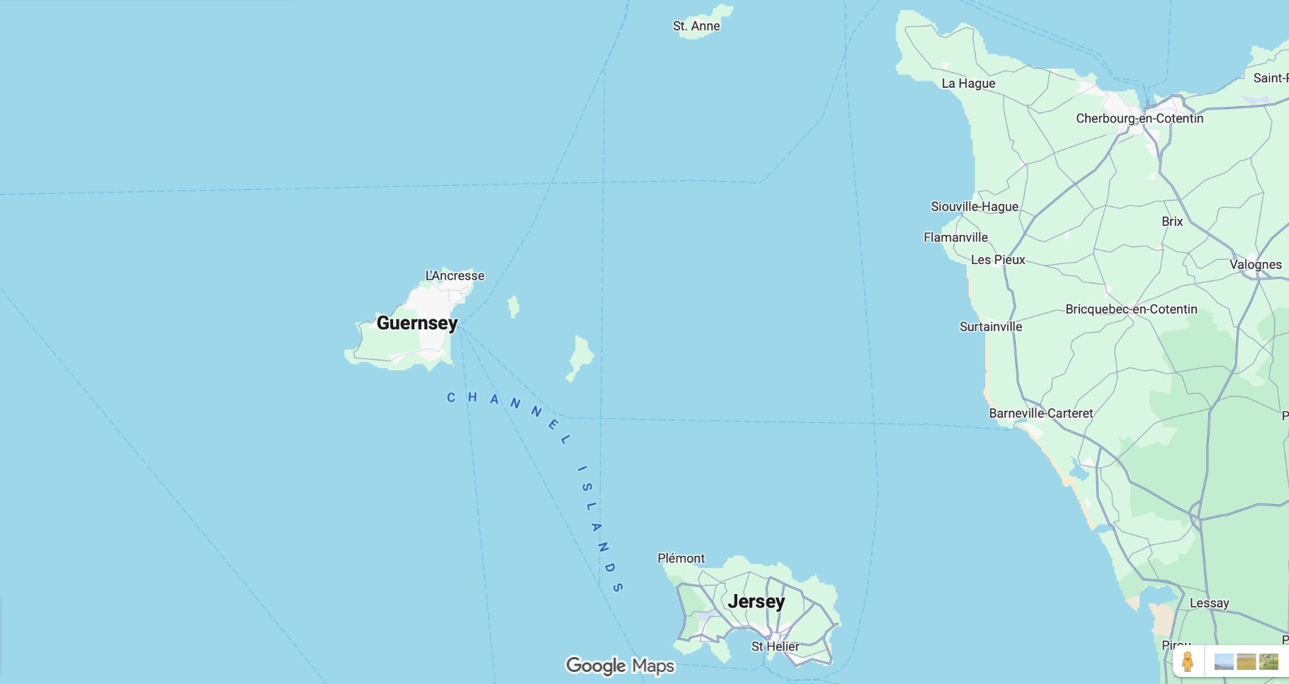 Screenshot from Google Maps, showing the coast of France and The Channel Islands